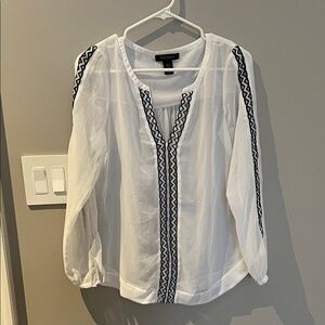 White House Black Market White Blouse with Black Embroidery